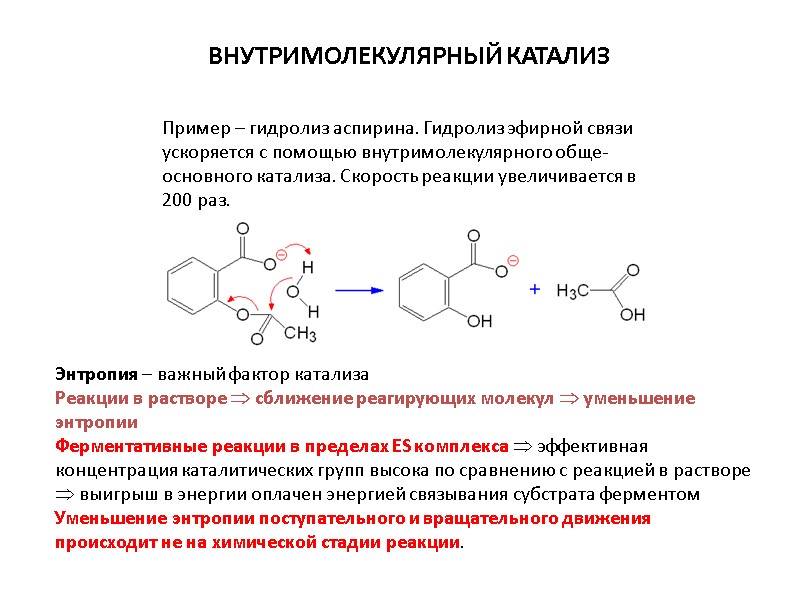 Пример – гидролиз аспирина. Гидролиз эфирной связи ускоряется с помощью внутримолекулярного обще-основного катализа. Скорость